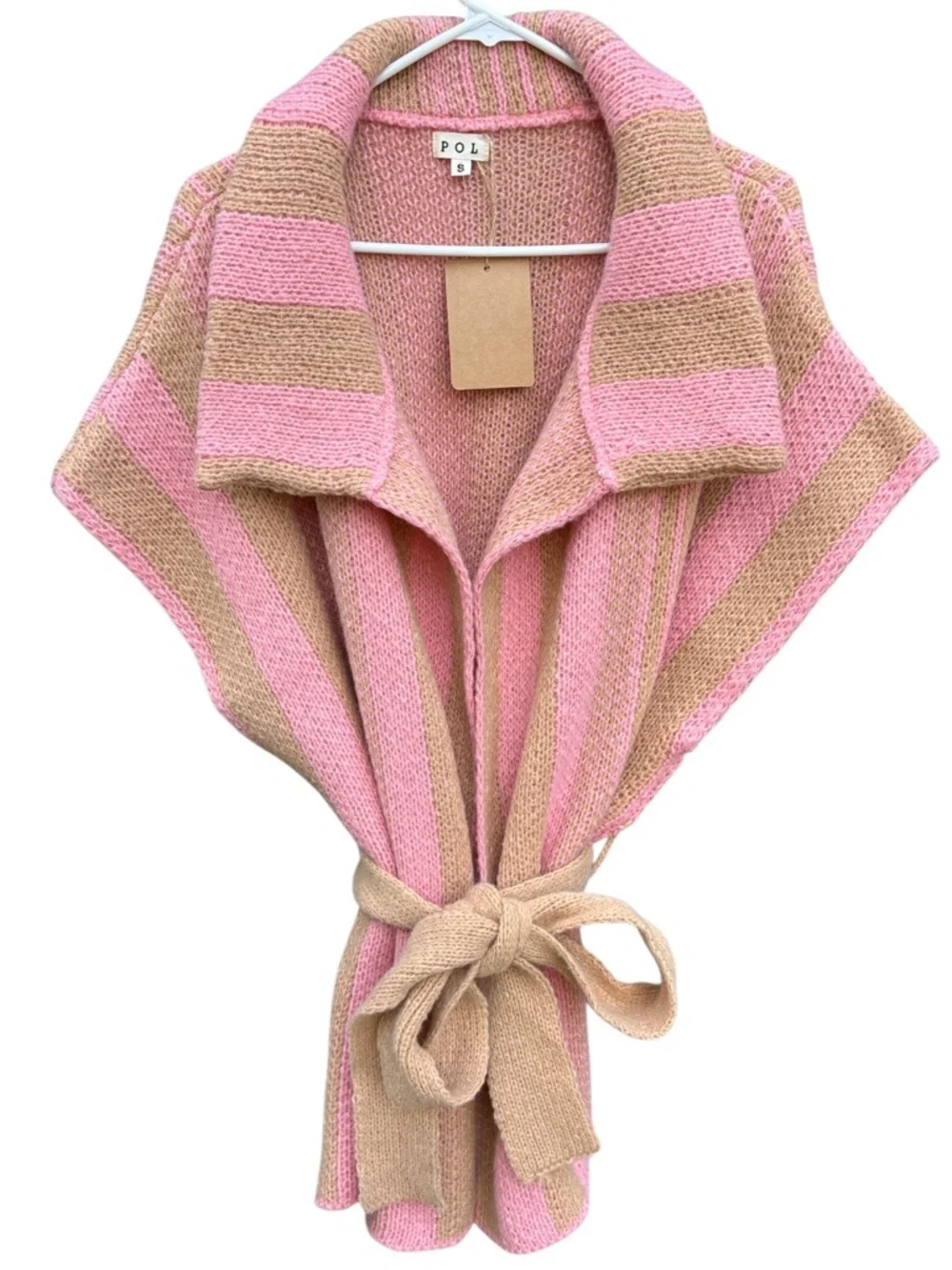 NWT POL Open Front Belted Sweater Pink Tan Size Small